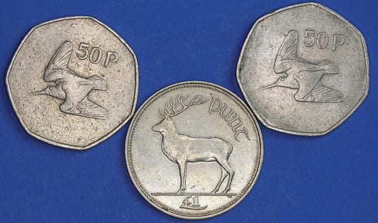 GENUINE Irish Ireland EIRE decimal coins, - Fifty Pence 50p One Punt, Woodcock, Stag [03/26 34820]