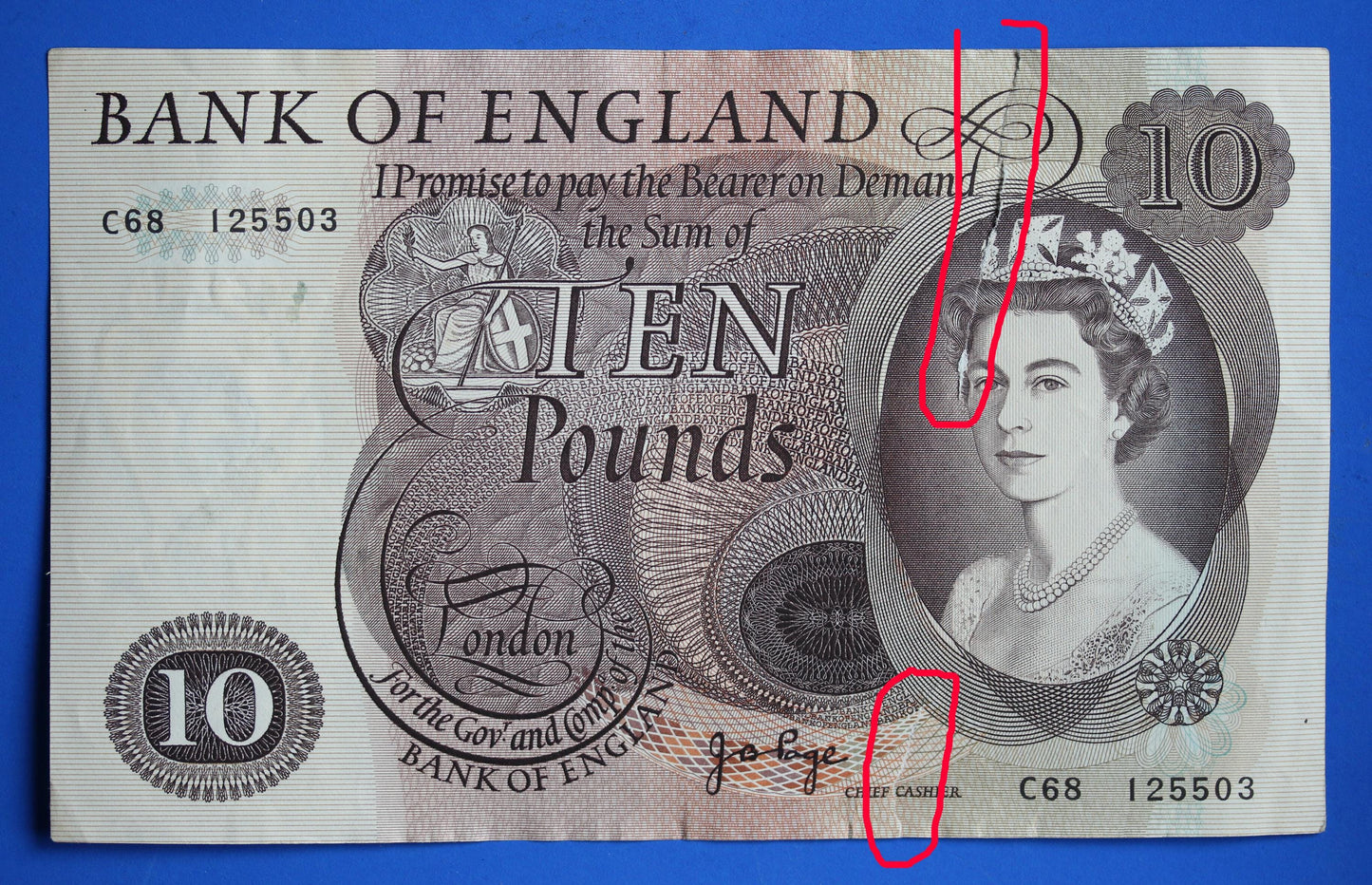 1971 Bank of England Ten pound, Page "M11" TEARS Elizabeth II banknotes [04/26 34930]