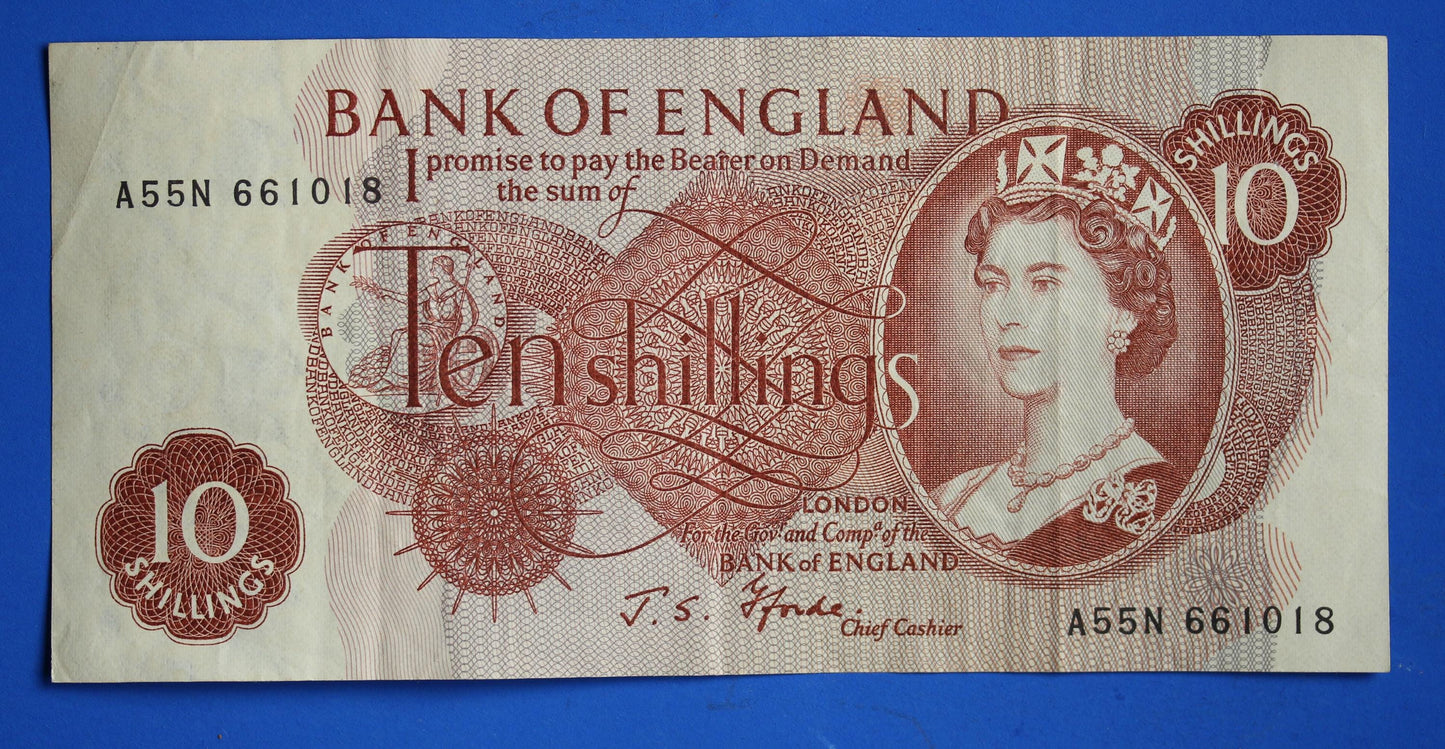 1967 Bank of England  10 shillings Fforde Prefix "42R" banknote, Elizabeth II, TEAR            [04/26 34938]