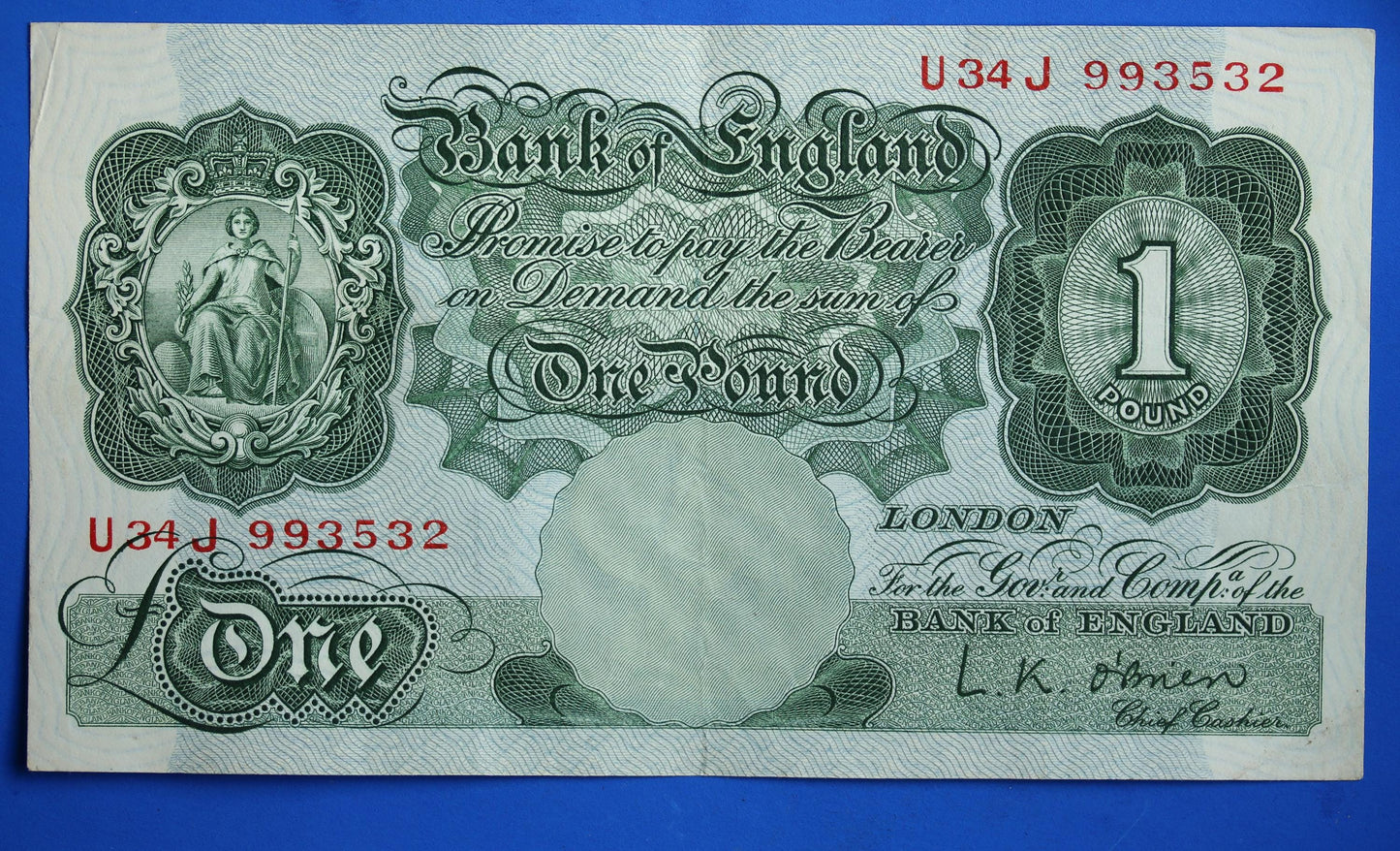 1955 Bank of England One pound 1 pound, O'Brien "U34J" banknote   [04/26 34942]