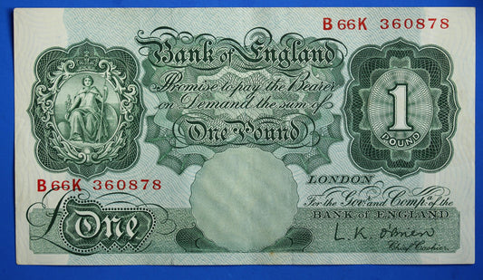 1955 Bank of England One pound 1 pound, O'Brien "R66K" banknote   [04/26 34943]