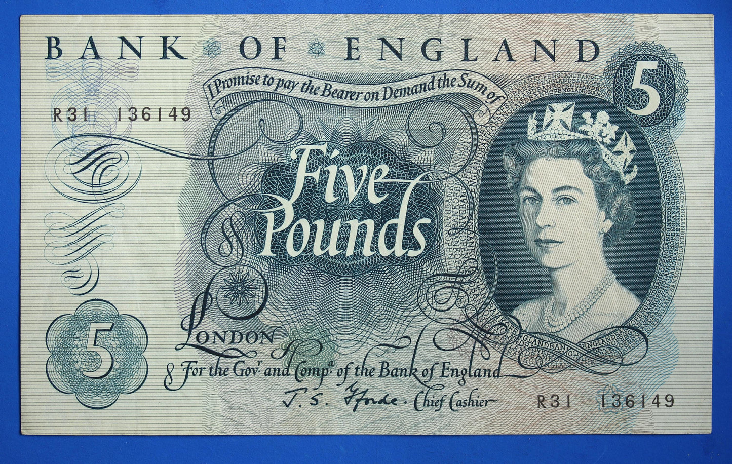 1967 Bank of England Five 5 pounds, Fforde "R31" banknote  [04/26 34948]