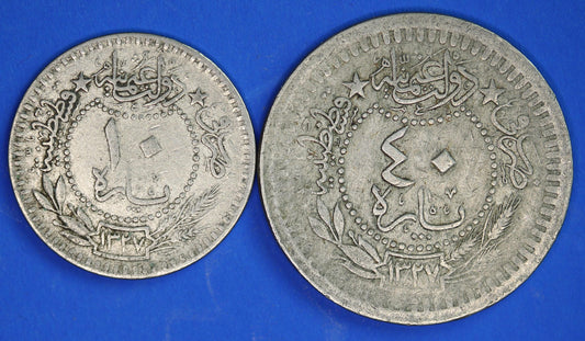 Ottoman Turkey coin collection ١٣٢٧ 1909 (AH 1327) 10 & 40 para coins [04/26 34829]