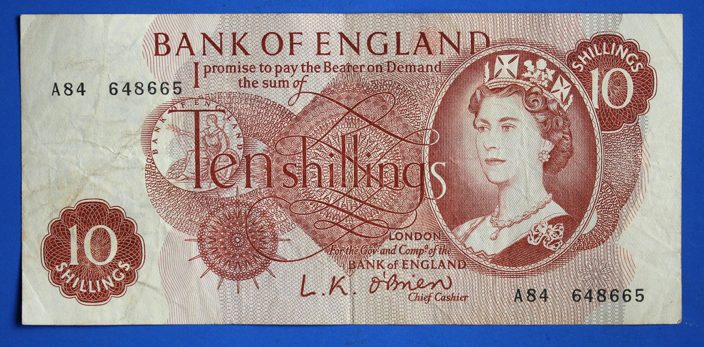 1961 Bank of England  10 shillings O'Brien Prefix "A84" banknote, Elizabeth II            [04/26 34937]