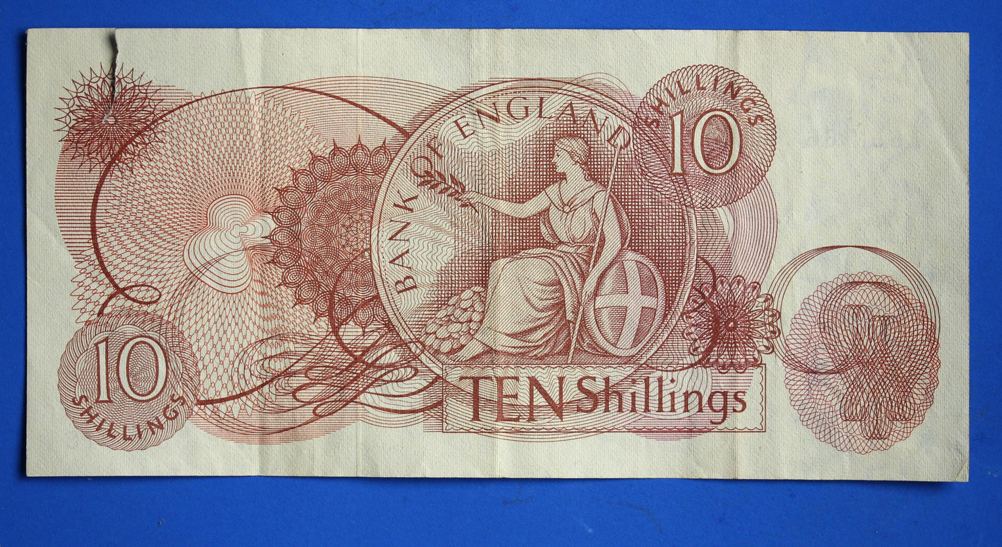 1967 Bank of England  10 shillings Fforde Prefix "42R" banknote, Elizabeth II, TEAR            [04/26 34938]