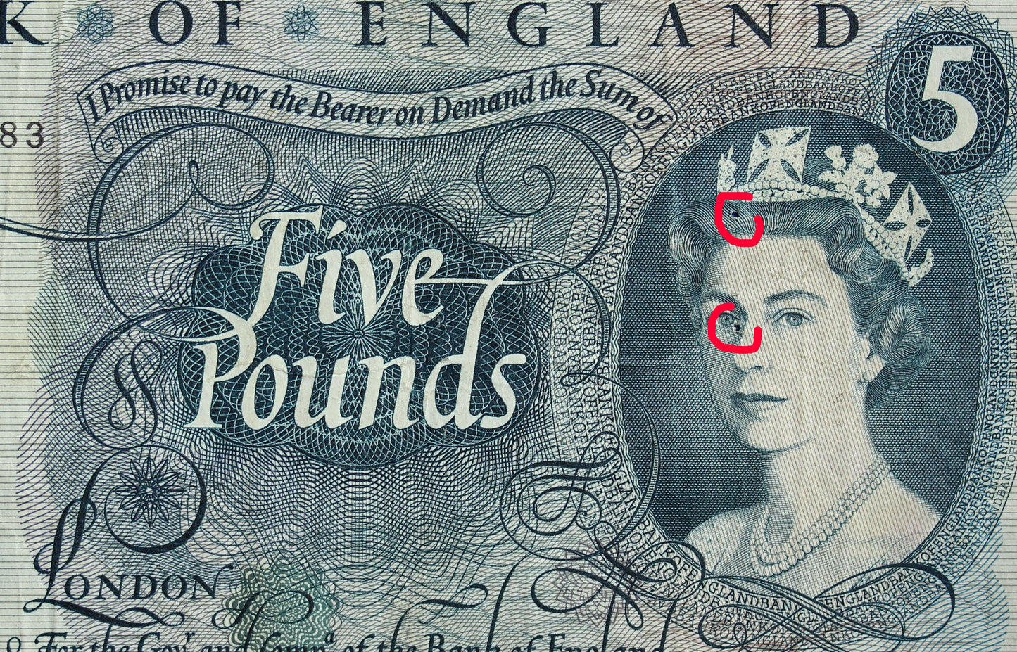 1967 Bank of England Five pound 5 pound, Hollom "L13" banknote, PIN HOLES  [04/26 34956]