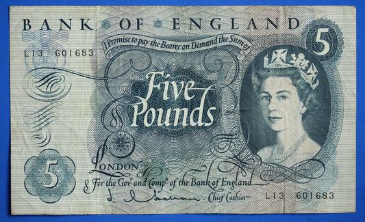 1967 Bank of England Five pound 5 pound, Hollom "L13" banknote, PIN HOLES  [04/26 34956]