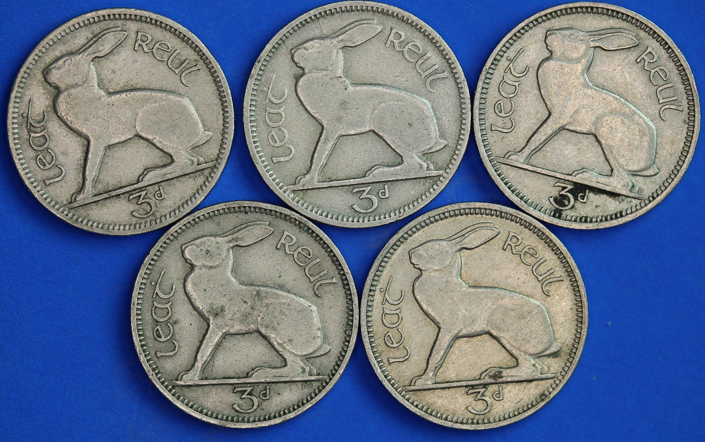 GENUINE 5 Irish Threepences 3d Ireland EIRE, Irish Hare coins, various dates [05/26 35126]