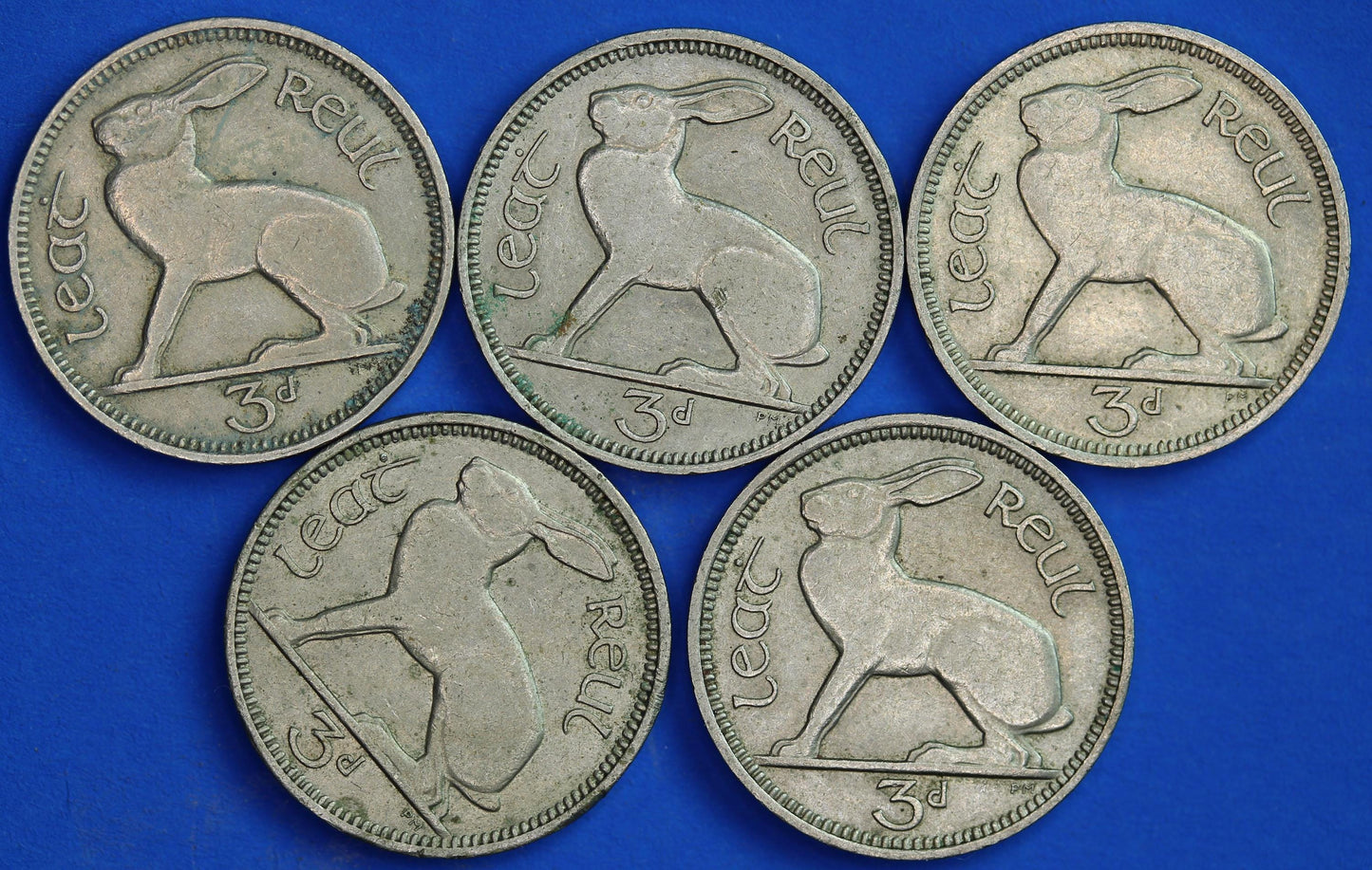 GENUINE 5 Irish Threepences 3d Ireland EIRE, Irish Hare coins, various dates [05/26 35127]