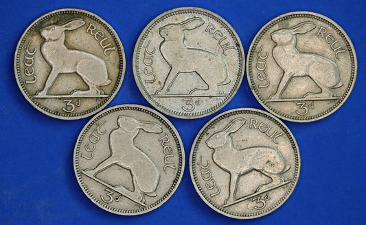 GENUINE 5 Irish Threepences 3d Ireland EIRE, Irish Hare coins, various dates [05/26 35129]