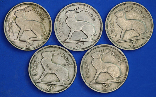 GENUINE 5 Irish Threepences 3d Ireland EIRE, Irish Hare coins, various dates [05/26 35130]
