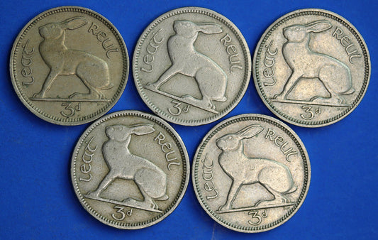 GENUINE 5 Irish Threepences 3d Ireland EIRE, Irish Hare coins, various dates [05/26 35131]