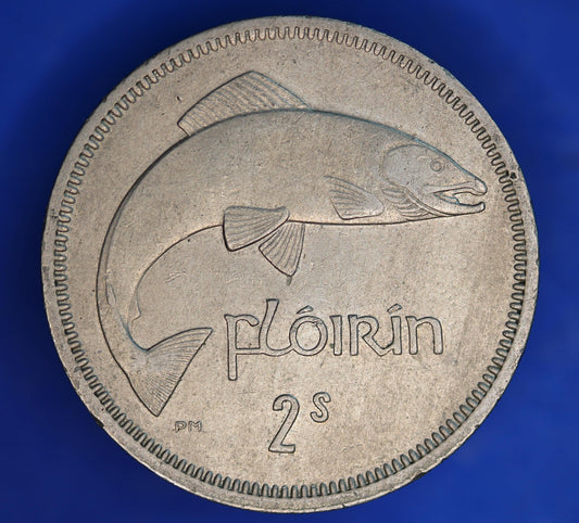 GENUINE 1964 Irish florin two shillings Ireland EIRE, Salmon Coin [06/26 35273]