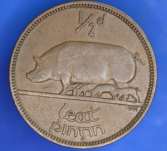 GENUINE 1928 Irish Halfpenny EIRE Ireland coin, Sow & Piglets [06/26 35282]