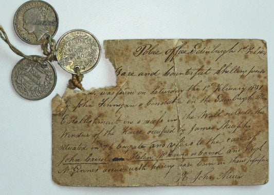 3 Contemporary Counterfeit 1844 Shilling with 1851 Edinburgh Police Notes, see description [06/26 35312]