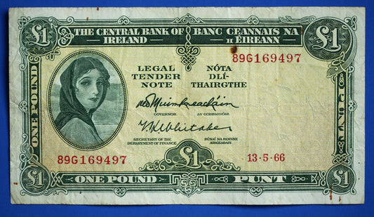 1966 Bank of Ireland, One Pound, Irish EIRE Lady Lavery banknote [06/26 35343]