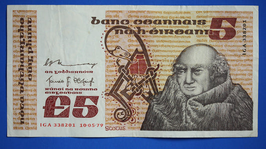 1979 Central Bank of Ireland, Five Pound Irish EIRE banknote, Johannes Scotus Eriugena [07/26 35335]