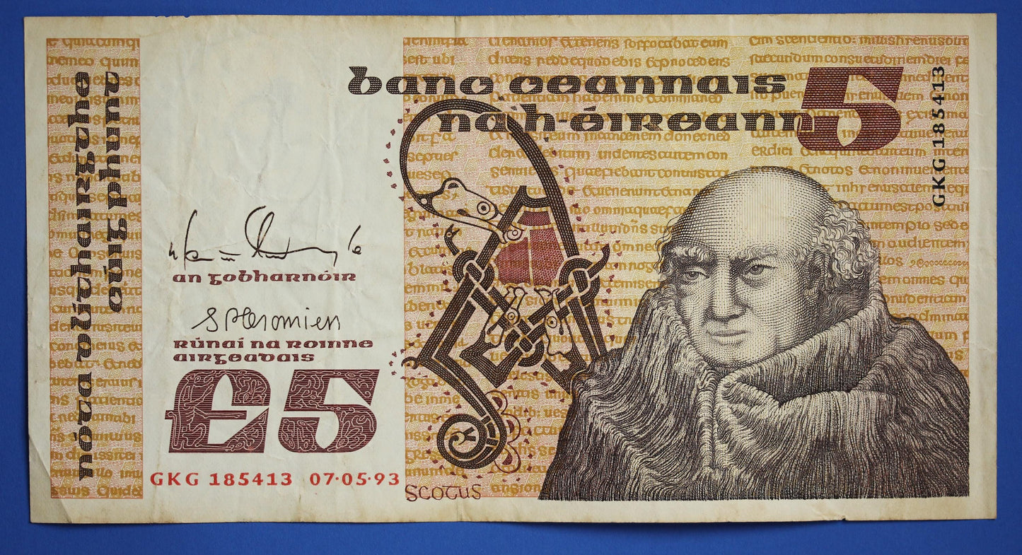 1993 Central Bank of Ireland, Five Pound Irish EIRE banknote, Johannes Scotus Eriugena [07/26 35334]