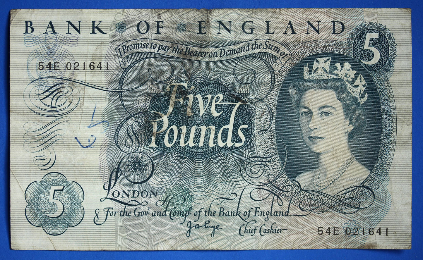 1967 Bank of England Five Pound, Fforde Prefix "54E" banknote  [07/26 35404]