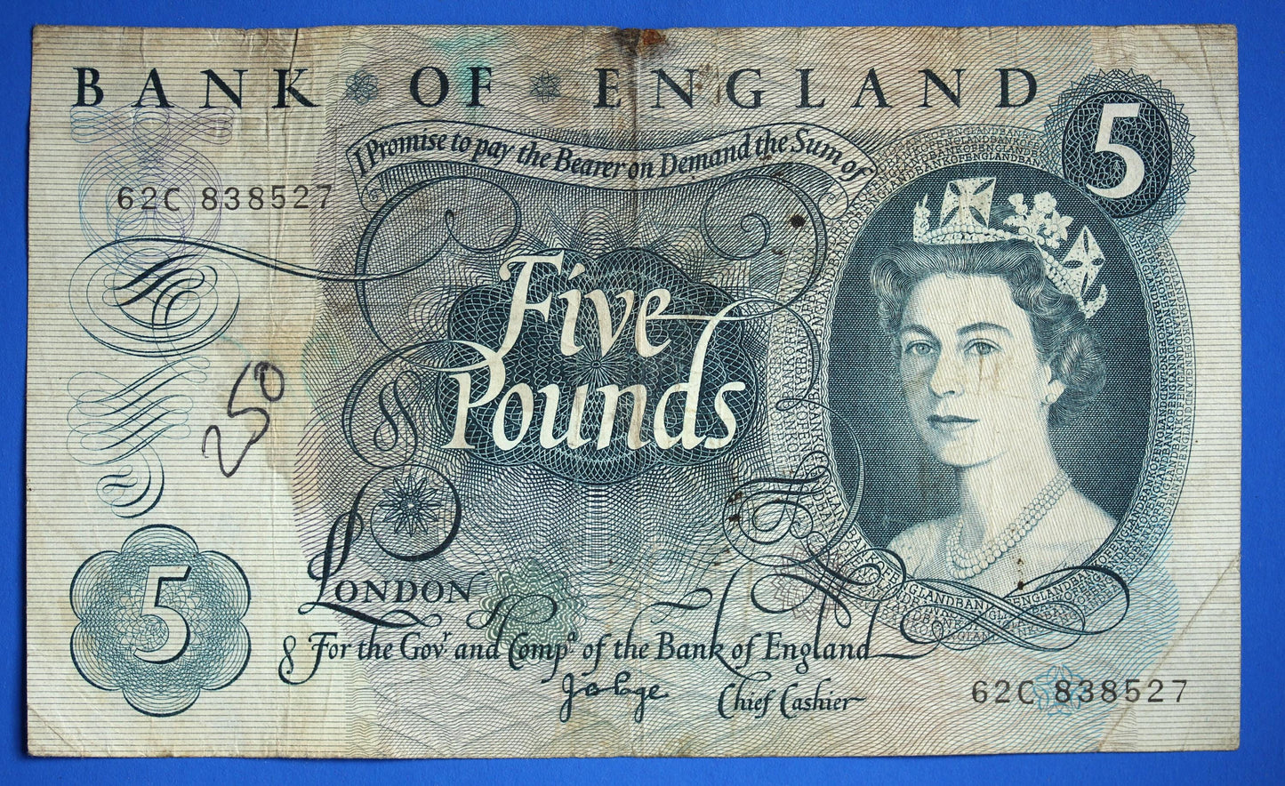 1967 Bank of England Five Pound, Fforde Prefix "62C" banknote  [07/26 35406]