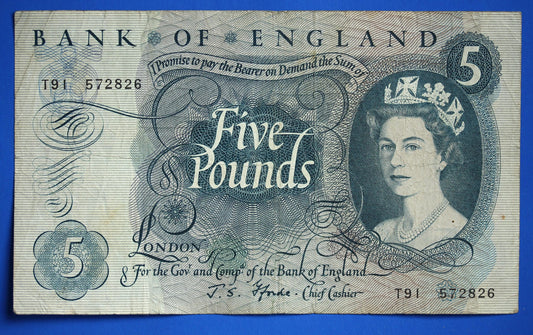 1967 Bank of England Five Pound, Fforde Prefix "T91" banknote  [07/26 35436]