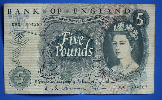 1963 Bank of England Five 5 pounds, Hollom Prefix D80 banknote  [07/26 35478]