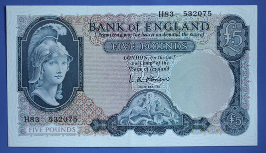 1961 Bank of England Five 5 pounds, O'Brien "H83" banknote  [07/26 35513]