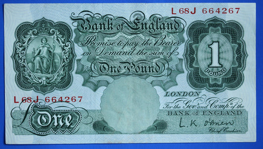 1955 Bank of England One pound, O'Brien "L68J" banknote  [07/26 35503]