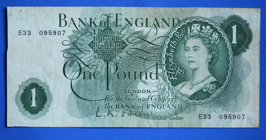 1960 Bank of England One pound, O'Brien "E33" banknote  [07/26 35505]