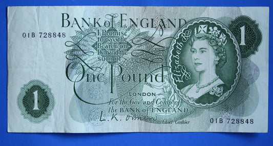 1960 Bank of England One pound, O'Brien "01B" banknote  [07/26 35506]
