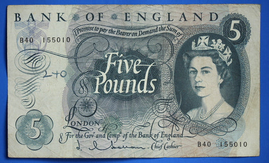 1963 Bank of England Five 5 pounds, Hollom Prefix B40; banknote  [07/26 35480]