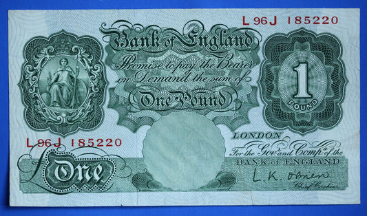 1955 Bank of England One pound, O'Brien "L96J" banknote  [07/26 35504]