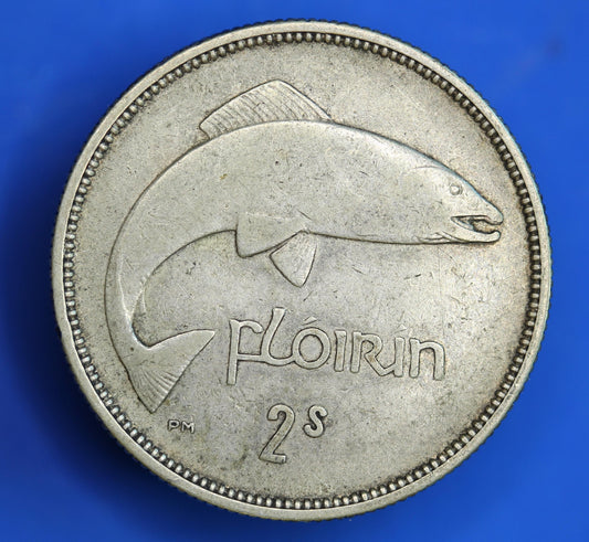 GENUINE 1933 Irish florin Ireland EIRE coin, 75% silver, Salmon [08/26 35574]