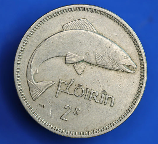 GENUINE 1962 Irish florin two shillings Ireland EIRE, Salmon Coin [08/26 35577]