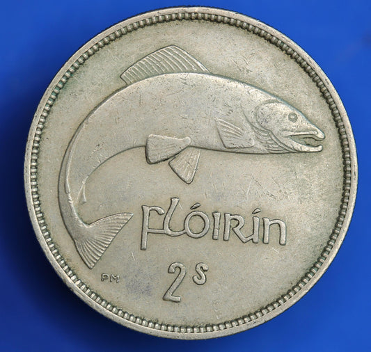 GENUINE 1955 Irish florin two shillings Ireland EIRE, Salmon Coin [08/26 35578]