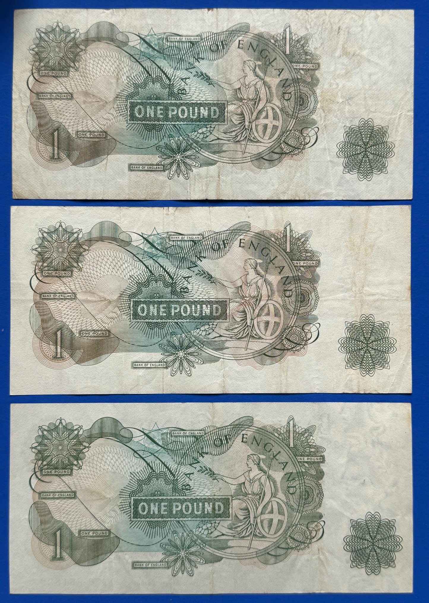 3x Bank of England One pound, Fforde, Page, Hollom, Elizabeth II banknotes [08/26 35690]
