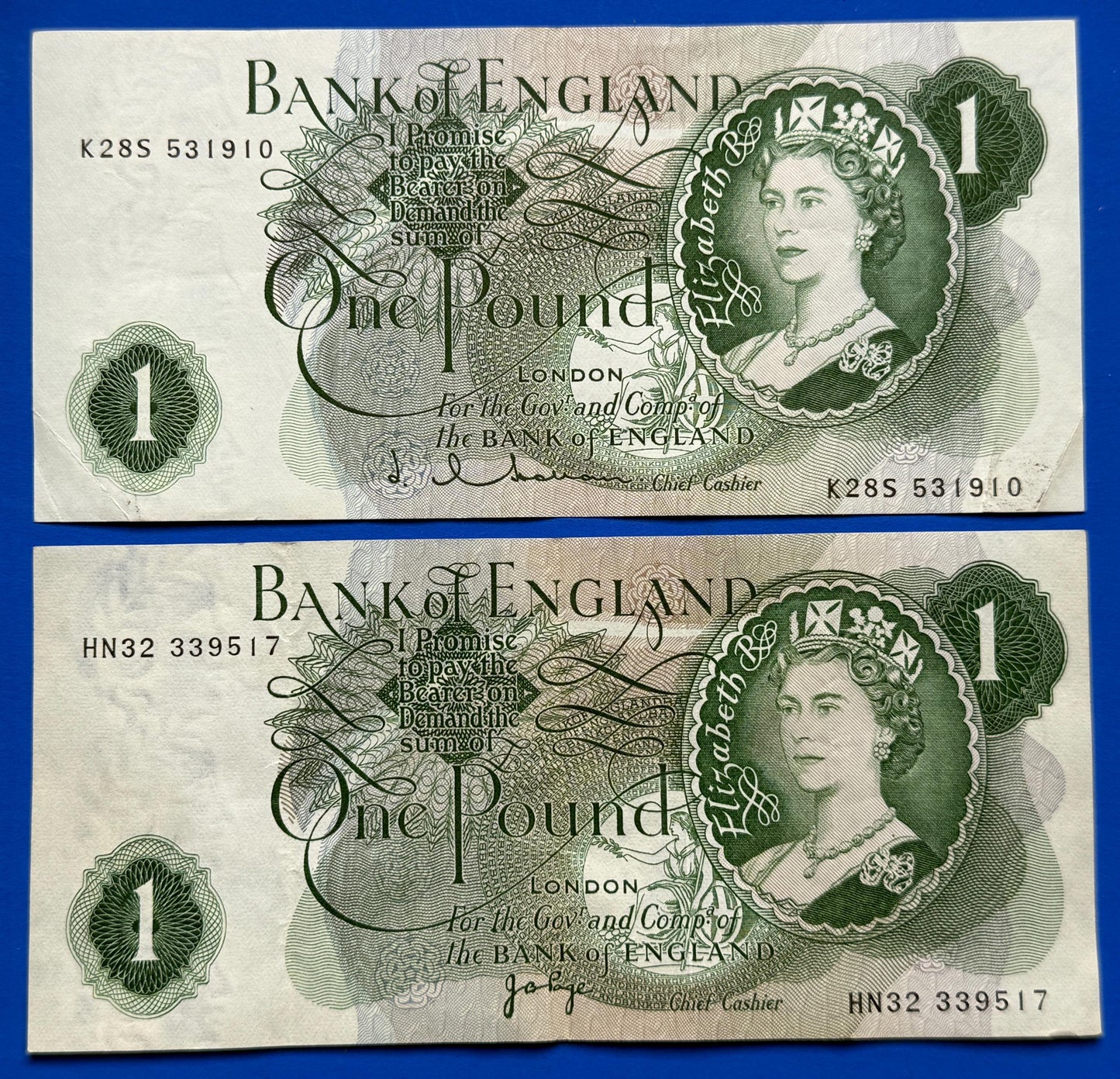 3x Bank of England One pound, Page, Hollom, Elizabeth II banknotes [08/26 35691]