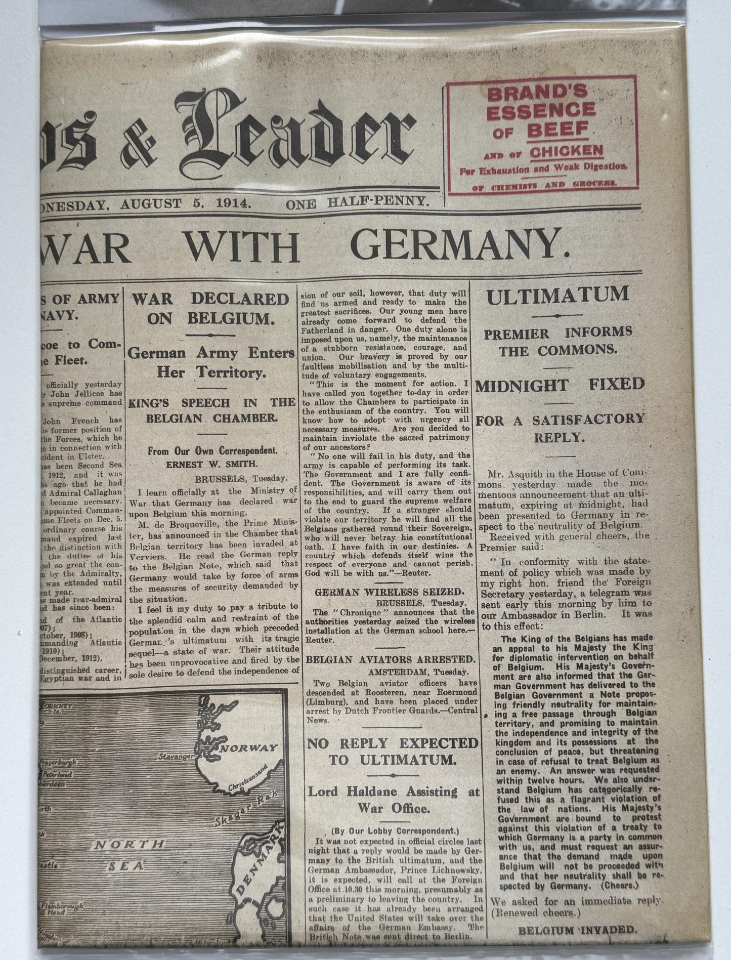 Reproduction: Outbreak of World War 1 newspaper (WW1) [WW1NP1]