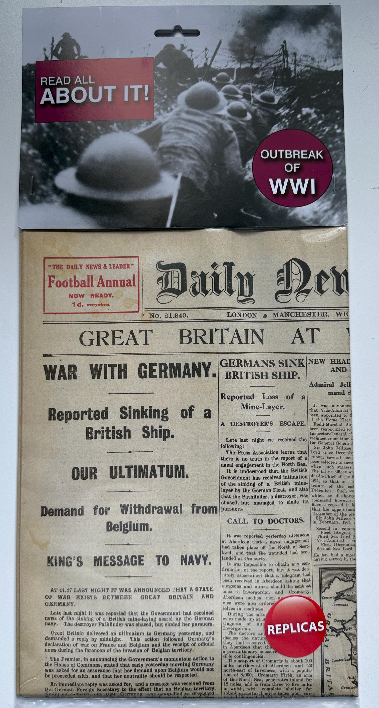 Reproduction: Outbreak of World War 1 newspaper (WW1) [WW1NP1]