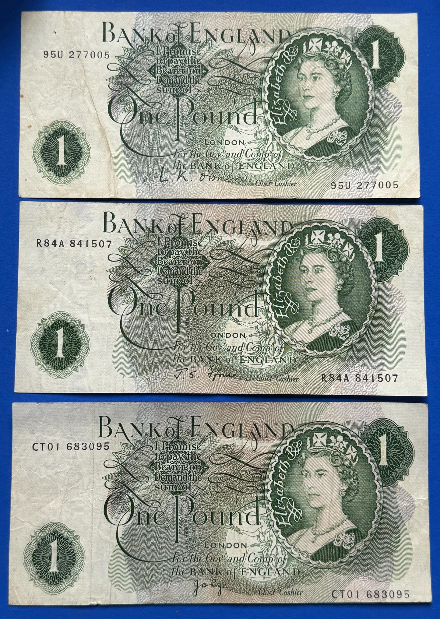 3x Bank of England One pound, Fforde, Page "CT01", O'Brien, Elizabeth II banknotes [08/26 35689]