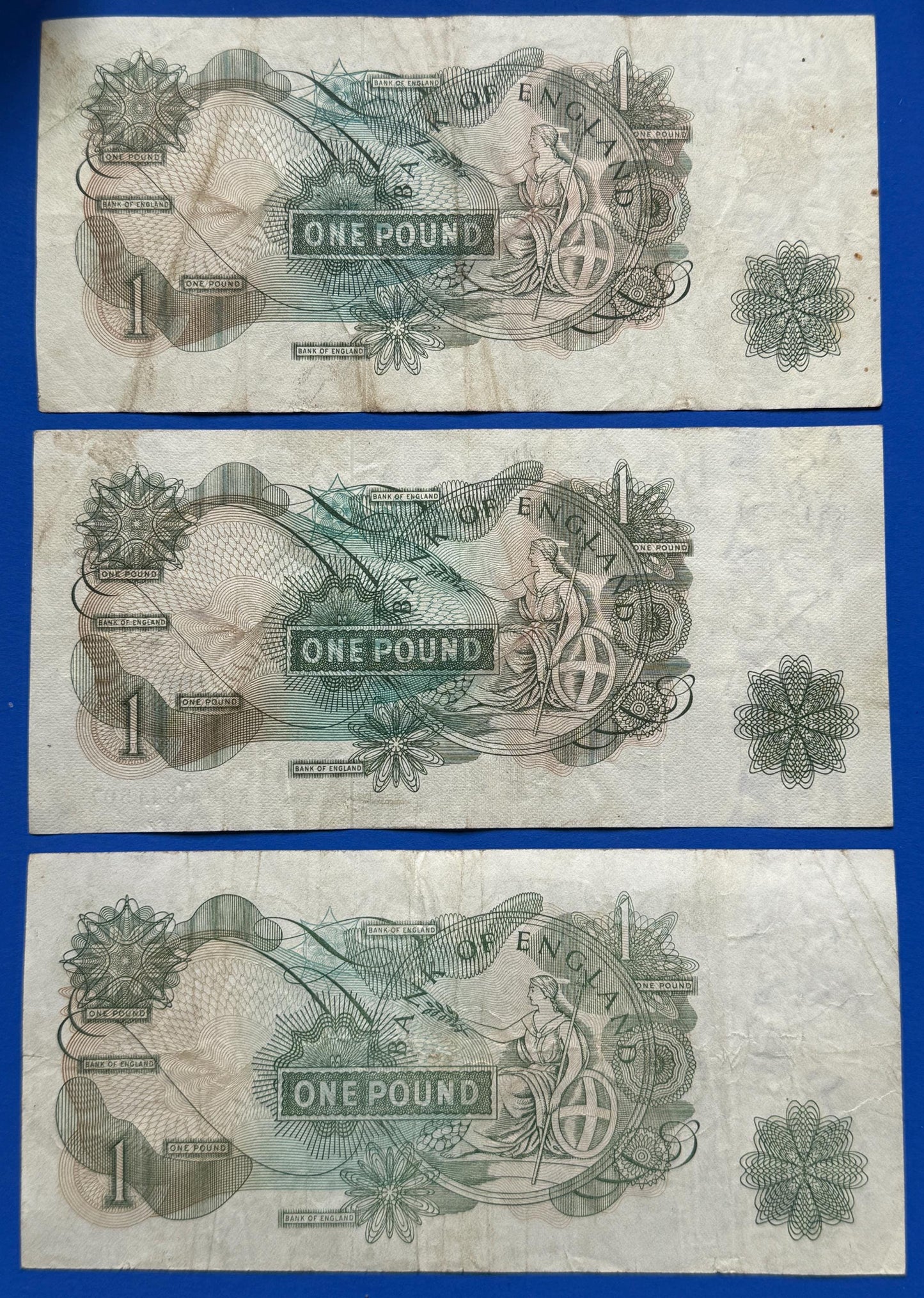 3x Bank of England One pound, Fforde, Page "CT01", O'Brien, Elizabeth II banknotes [08/26 35689]