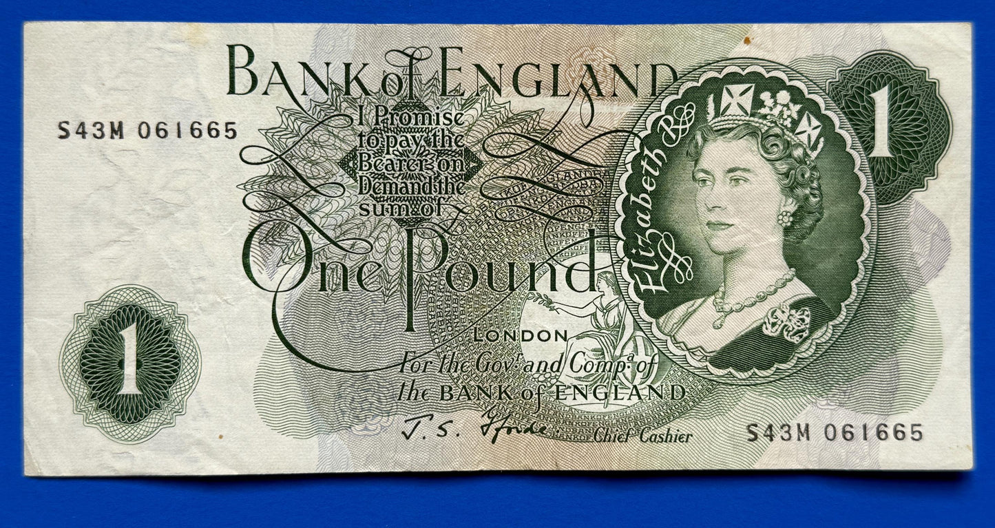 1967 Bank of England One pound, Fforde "S43M", Elizabeth II Replacement banknote [08/26 35692]