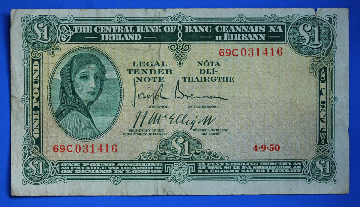 1950 Central Bank of Ireland, One Pound, One Punt Irish EIRE Lady Lavery banknote [09/26 35812]