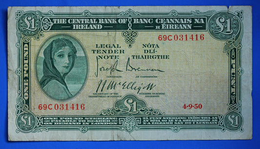 1950 Central Bank of Ireland, One Pound, One Punt Irish EIRE Lady Lavery banknote [09/26 35812]