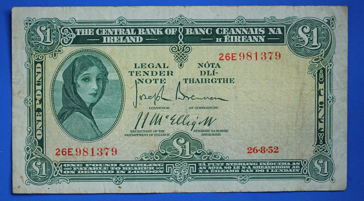 1952 Central Bank of Ireland, One Pound, One Punt Irish EIRE Lady Lavery banknote [09/26 35814]