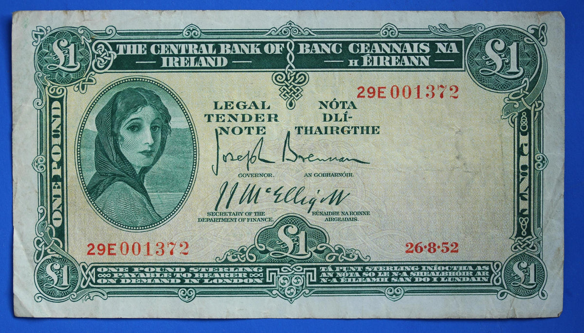 1952 Central Bank of Ireland, One Pound, One Punt Irish EIRE Lady Lavery banknote [09/26 35815]