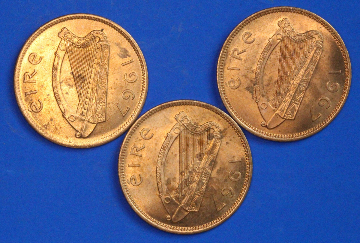 3 GENUINE 1967 Irish Half Pennies 1/2d EIRE Ireland coin, Sow & Piglets [09/26 35820]