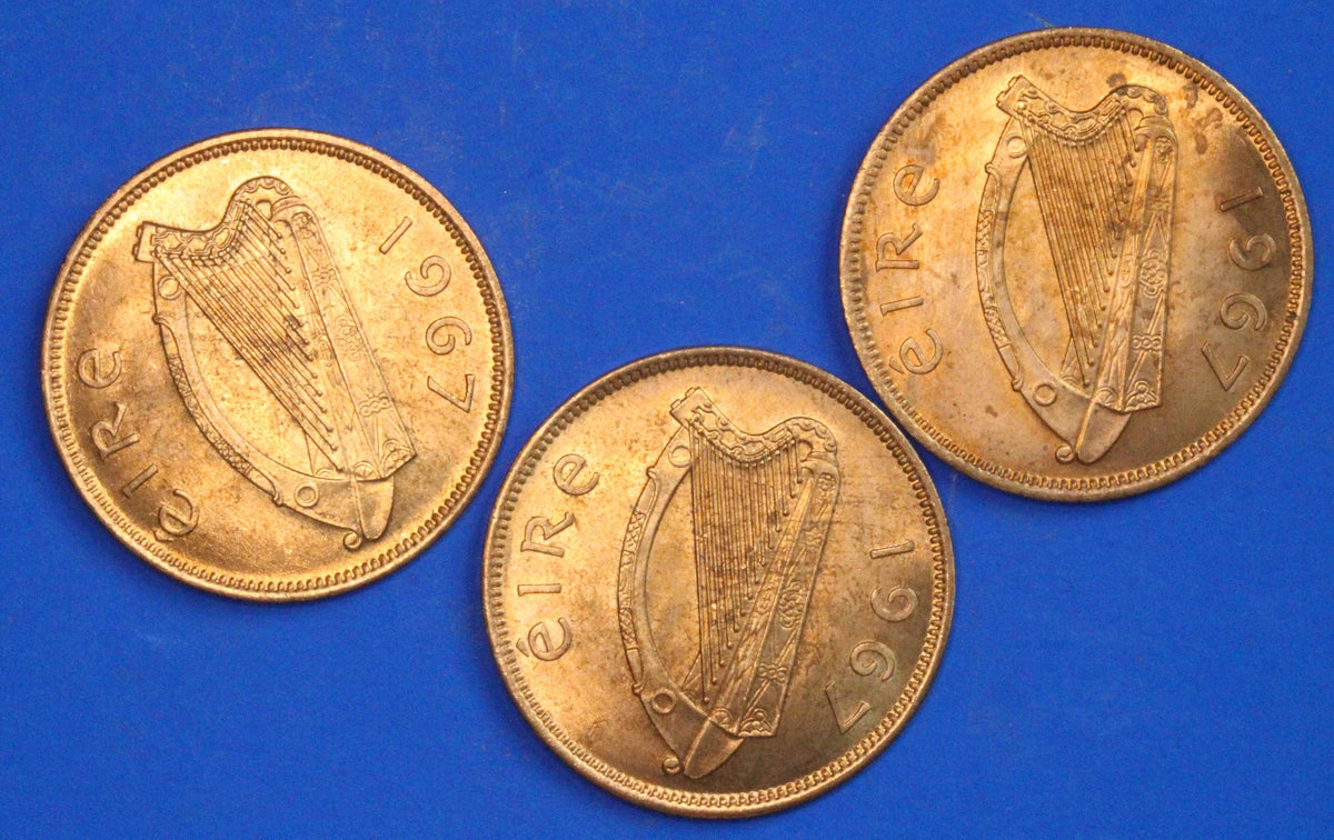 3 GENUINE 1967 Irish Half Pennies 1/2d EIRE Ireland coin, Sow & Piglets [09/26 35821]