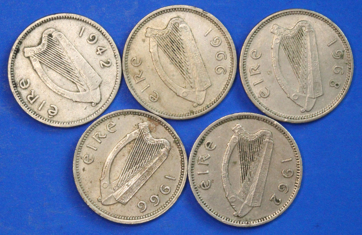 GENUINE 5 Irish Threepences 3d Ireland EIRE, Irish Hare coins, various dates [09/26 35824]