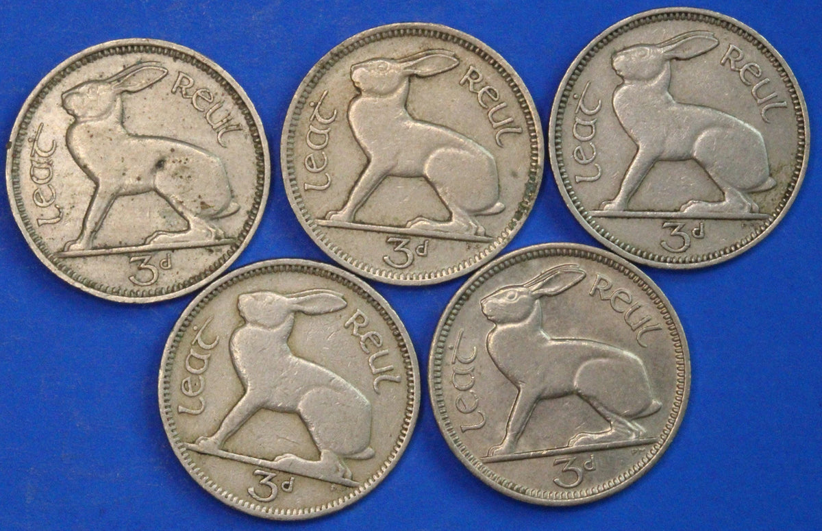 GENUINE 5 Irish Threepences 3d Ireland EIRE, Irish Hare coins, various dates [09/26 35825]